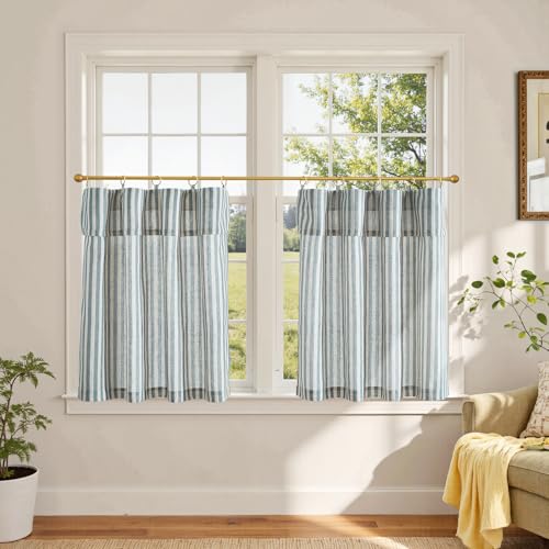 jinchan Striped Linen Kitchen Curtains with Attached Valance 24 Inch Length Cafe Tier Curtains for Living Room Rustic Half Window Light Filtering Rod Pocket Small Drapes 2 Panels Blue - Image 1