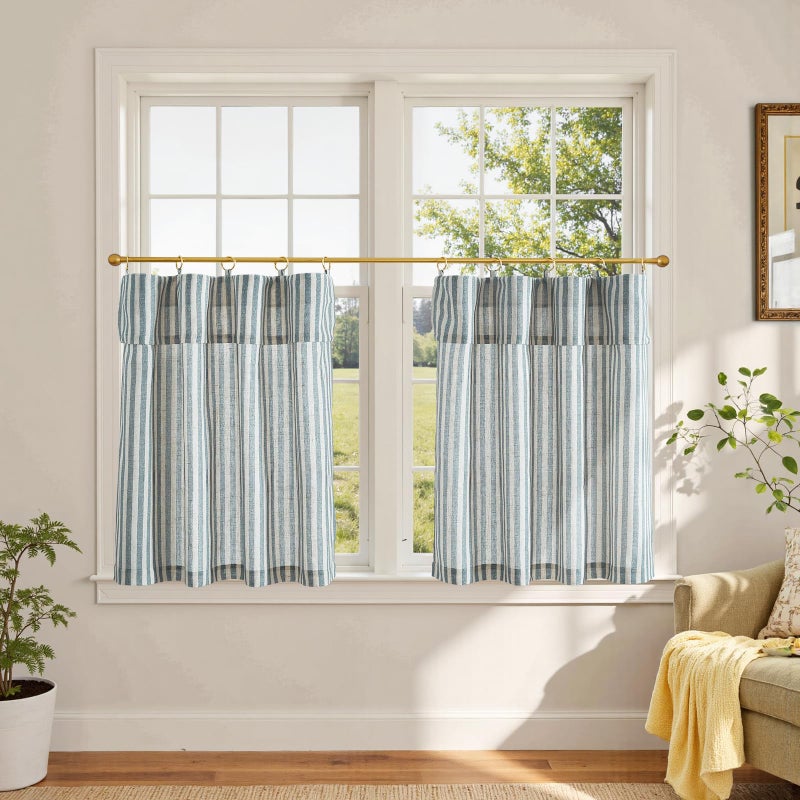 jinchan Striped Linen Kitchen Curtains with Attached Valance 24 Inch Length Cafe Tier Curtains for Living Room Rustic Half Window Light Filtering Rod Pocket Small Drapes 2 Panels Blue - Image 2