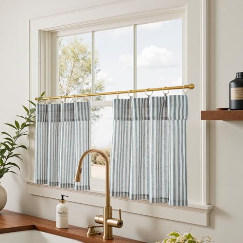 jinchan Striped Linen Kitchen Curtains with Attached Valance 24 Inch Length Cafe Tier Curtains for Living Room Rustic Half Window Light Filtering Rod Pocket Small Drapes 2 Panels Blue - Image 3