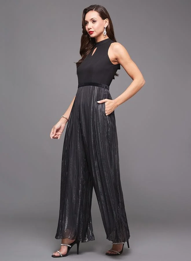 Styli Keyhole Neck Sleeveless Pleated Wide Leg Jumpsuit