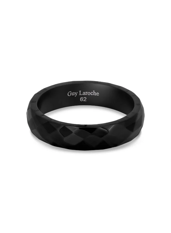 Guy Laroche Romeo Faceted Black Ring with Logo on Side – Size 62