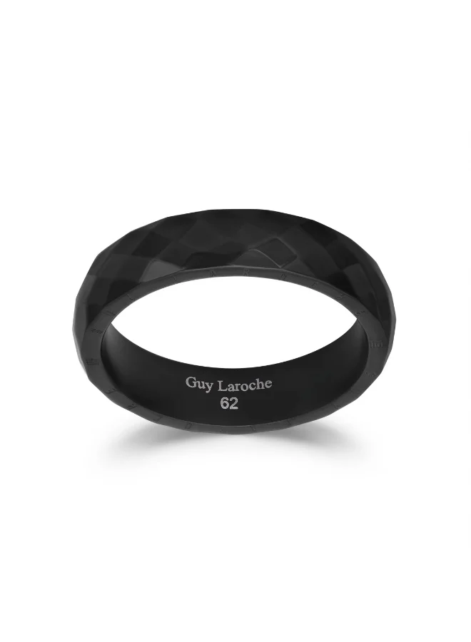 Guy Laroche Romeo Faceted Black Ring with Logo on Side – Size 62