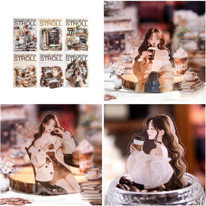30 Sheets Coffee House Series Decorative Sticker Laptop Coffee Girl Character Scrapbooking Decal - Image 2