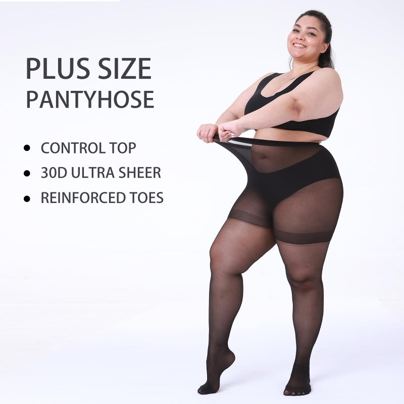 LADYFAN 2 Pack Plus Size Pantyhose for Women â€“ 30D Ultra-Sheer Control Top Tights Reinforced Toe & Waistband - Image 3