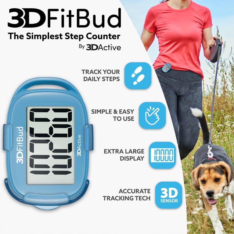 3DActive 3DFitBud Simple Step Counter Walking 3D Pedometer by with Clip, Lanyard Accurate Step Tracker Large Display, Easy to Use for Kids Men Women Adult Seniors Daily Step Tracking - A420S - Image 1