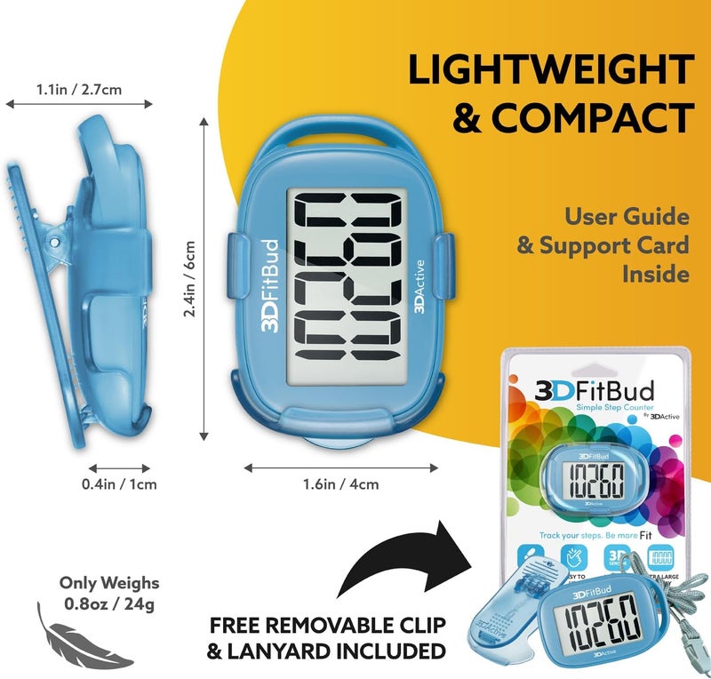3DActive 3DFitBud Simple Step Counter Walking 3D Pedometer by with Clip, Lanyard Accurate Step Tracker Large Display, Easy to Use for Kids Men Women Adult Seniors Daily Step Tracking - A420S - Image 4