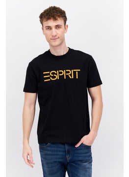 Men Crew Neck Short Sleeves Brand Logo T-Shirt, Black/Orange