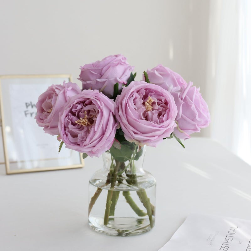 grtefhu Fake Austin Rose Peonies Flowers with Vase Clear Glass Vase with Purple Real Touch Peonies Artificial Flowers Home Decor