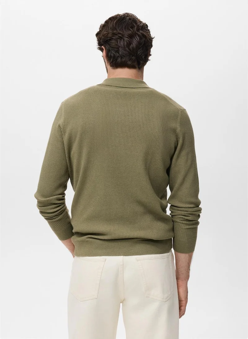 Mango Man Cotton-blend ribbed polo sweater