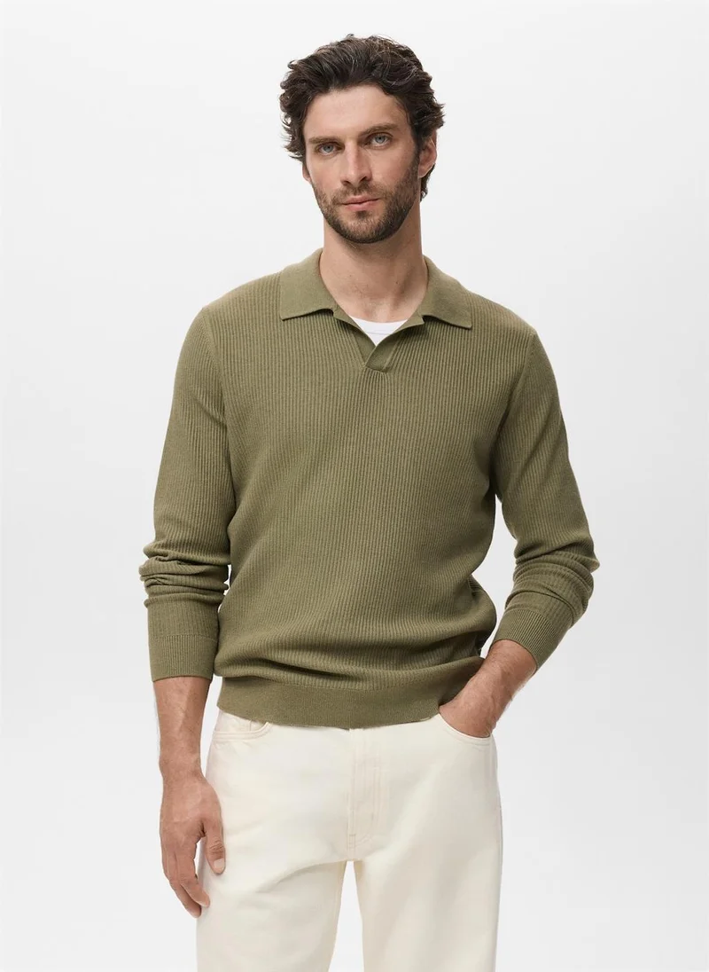 Mango Man Cotton-blend ribbed polo sweater