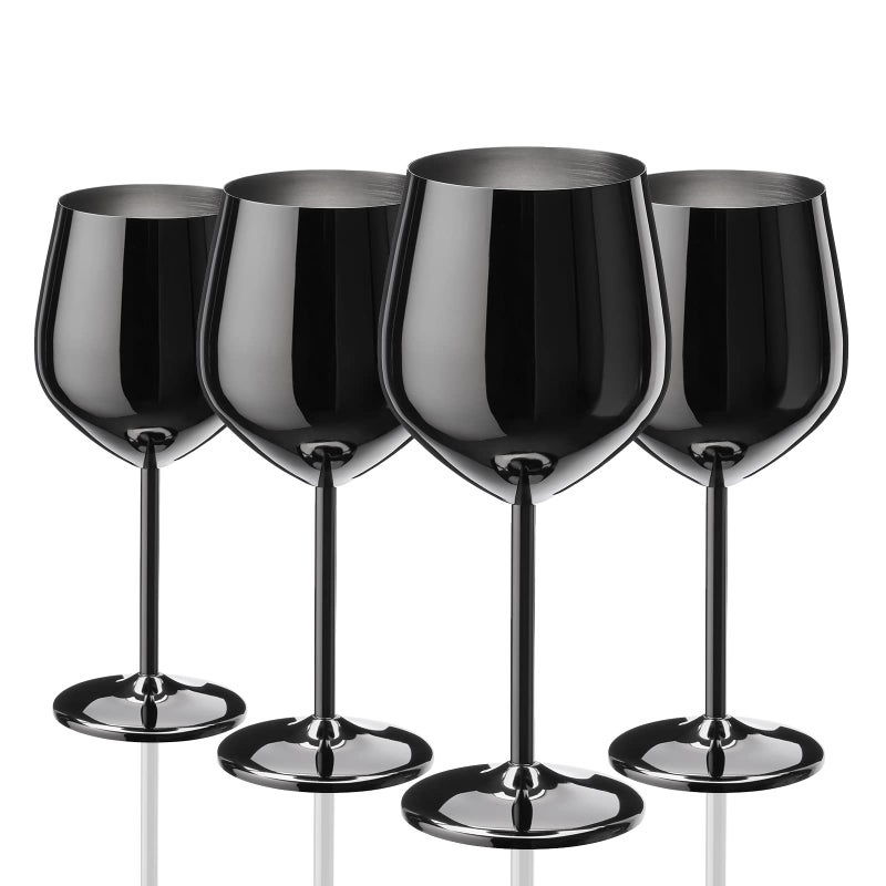 WOTOR Black Wine Glasses Set of 4 540ml18oz Stainless Steel Wine Glasses Unbreakable  Portable Stemmed Metal Wine Glass for Outdoor Travel Camping and Pool Black
