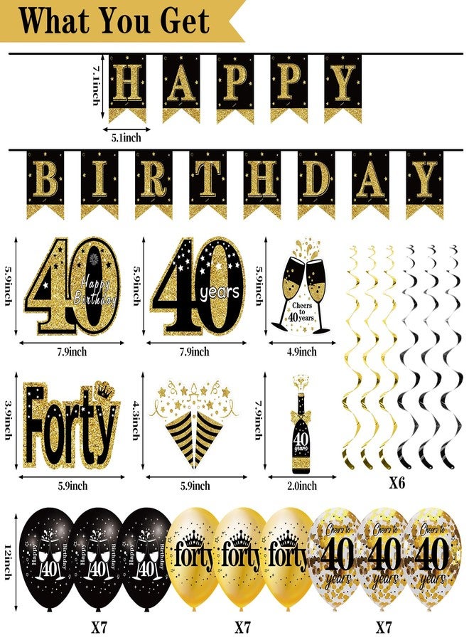 Uiorgui 40th Birthday Decorations for Women, 33pcs 40th Crown and Sash, Black Gold Happy 40th Birthday Banner Balloons Backdrop Hanging Swirls Paper Fans, 40 Years Old Bady Decorations Kit - Image 2