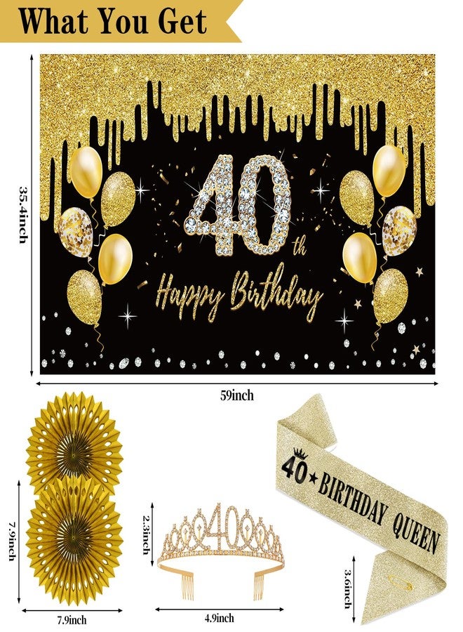 Uiorgui 40th Birthday Decorations for Women, 33pcs 40th Crown and Sash, Black Gold Happy 40th Birthday Banner Balloons Backdrop Hanging Swirls Paper Fans, 40 Years Old Bady Decorations Kit - Image 3