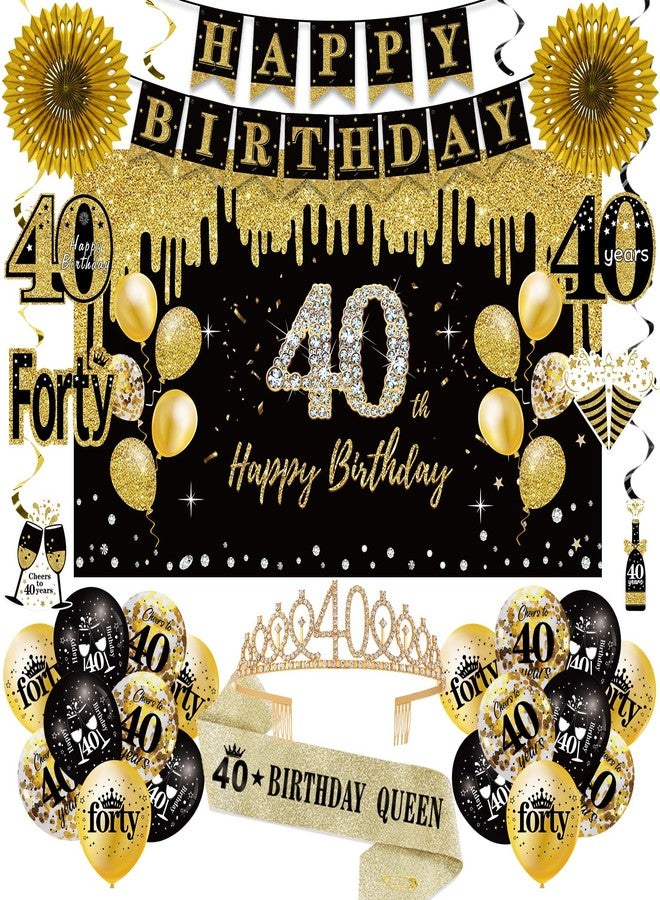 Uiorgui 40th Birthday Decorations for Women, 33pcs 40th Crown and Sash, Black Gold Happy 40th Birthday Banner Balloons Backdrop Hanging Swirls Paper Fans, 40 Years Old Bady Decorations Kit - Image 1