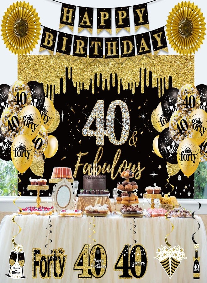 Uiorgui 40th Birthday Decorations for Women, 33pcs 40th Crown and Sash, Black Gold Happy 40th Birthday Banner Balloons Backdrop Hanging Swirls Paper Fans, 40 Years Old Bady Decorations Kit - Image 5