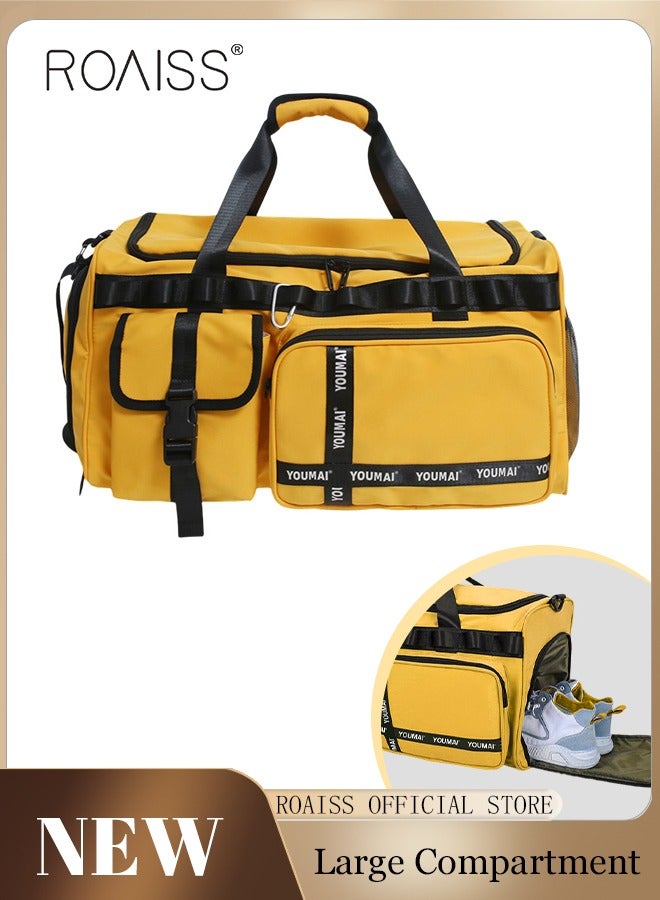 roaiss Large-Capacity Travel Bag Men's Short-Distance Luggage Backpack College Students Boarding Backpack Dry and Wet Separation Fitness Bag Yellow Portable - Image 1