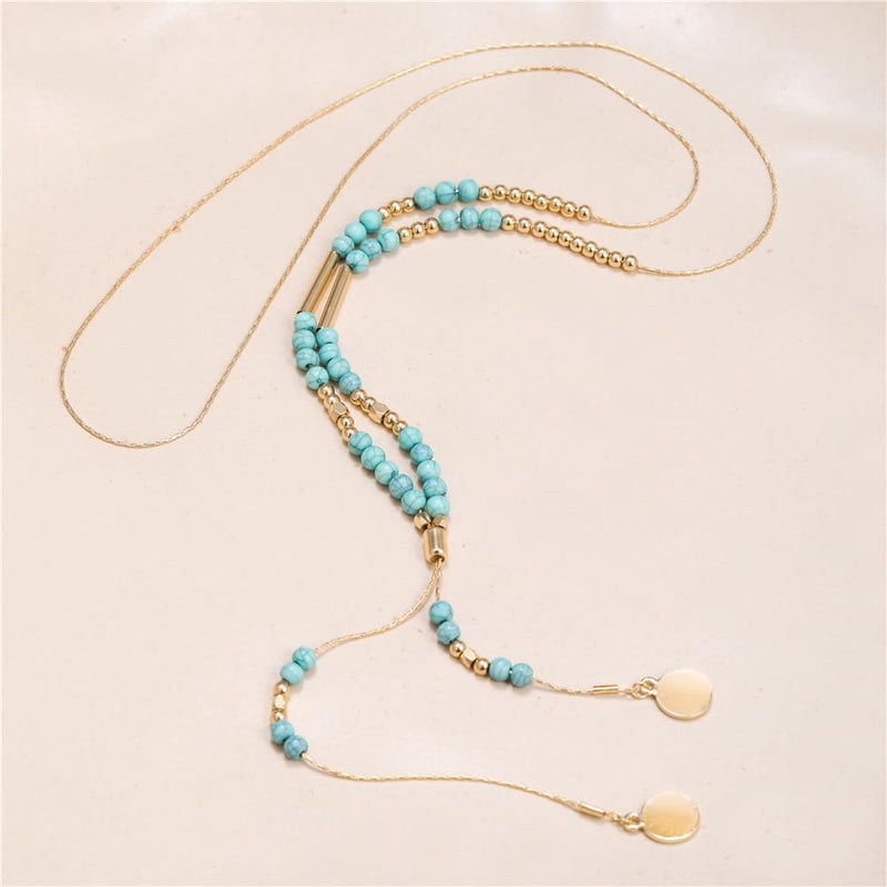 Cykdohy Turquoise Beaded Lariat Y Necklace for Women Long Adjustable Bohemian Handmade Sweater Chain Round Disc Pendant Necklaces Boho Western Cowgirls Retro Natural Gemstone Jewelry Gifts - Image 3
