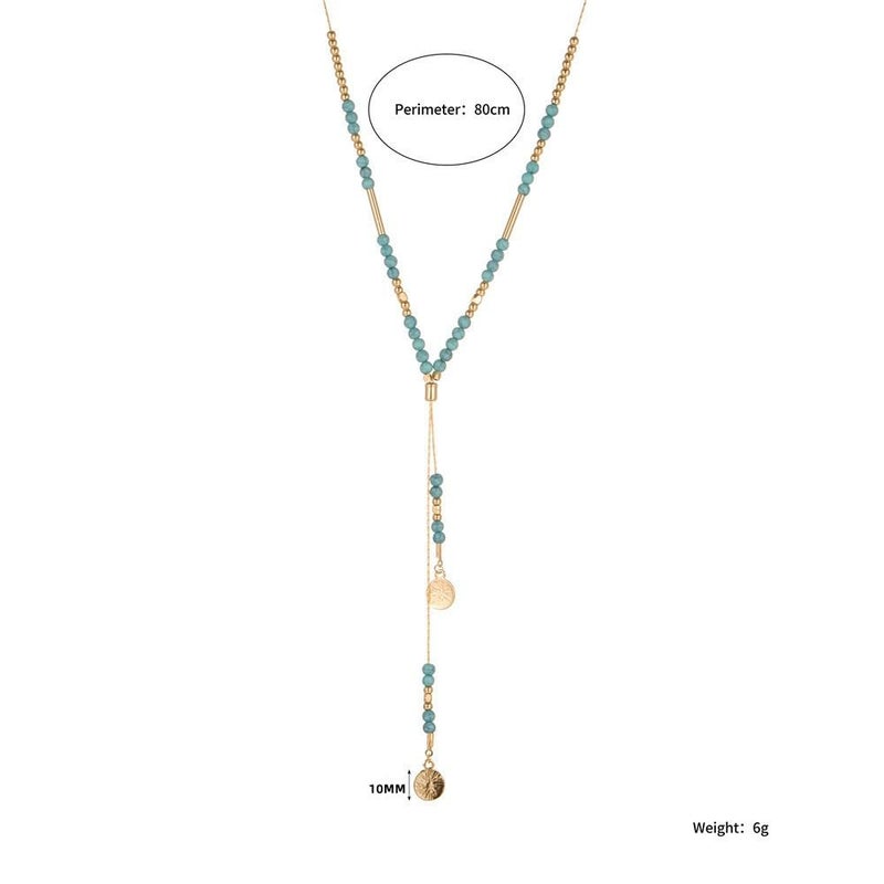 Cykdohy Turquoise Beaded Lariat Y Necklace for Women Long Adjustable Bohemian Handmade Sweater Chain Round Disc Pendant Necklaces Boho Western Cowgirls Retro Natural Gemstone Jewelry Gifts - Image 4