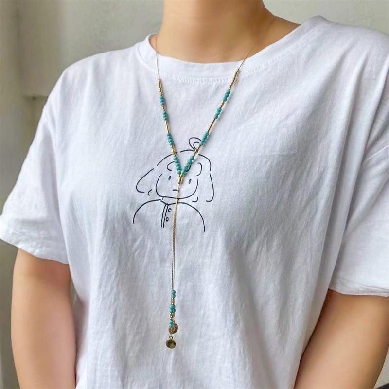 Cykdohy Turquoise Beaded Lariat Y Necklace for Women Long Adjustable Bohemian Handmade Sweater Chain Round Disc Pendant Necklaces Boho Western Cowgirls Retro Natural Gemstone Jewelry Gifts - Image 5