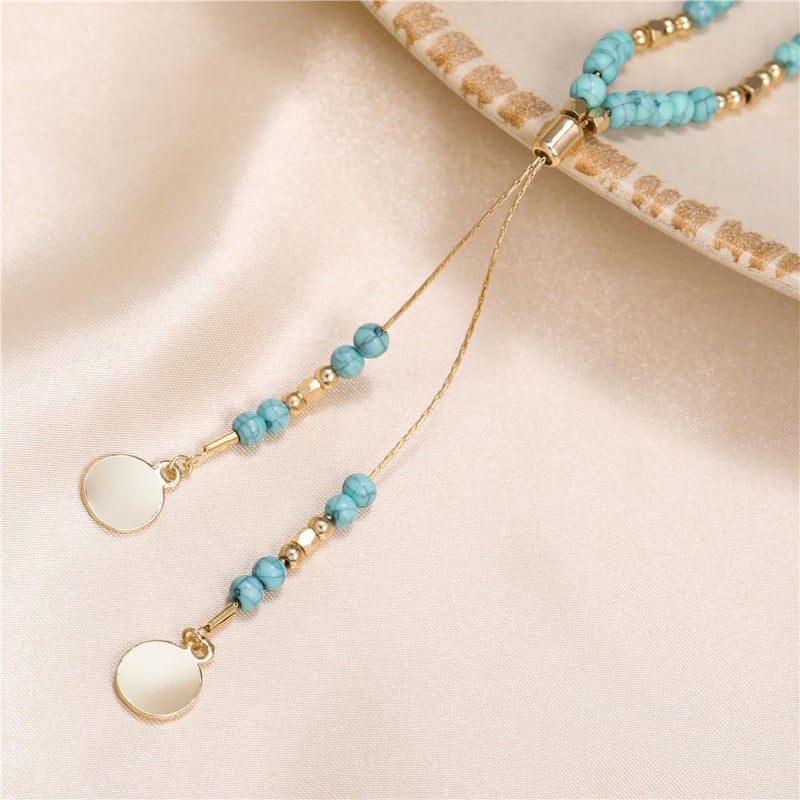 Cykdohy Turquoise Beaded Lariat Y Necklace for Women Long Adjustable Bohemian Handmade Sweater Chain Round Disc Pendant Necklaces Boho Western Cowgirls Retro Natural Gemstone Jewelry Gifts - Image 2