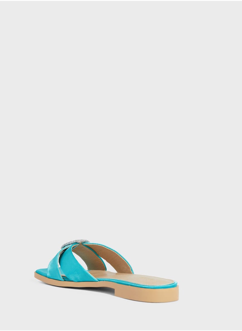 Khizana - Encrusted Buckle Satin Flat Sandal - Image 1