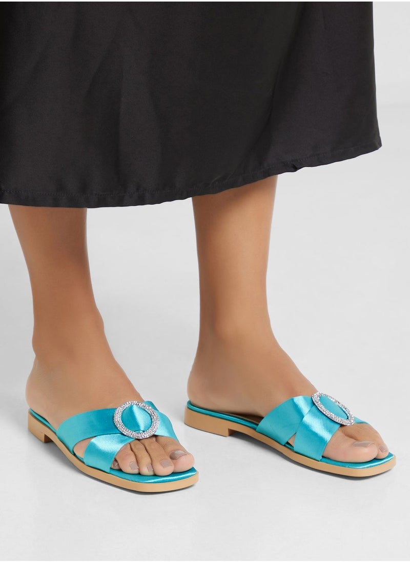 Khizana - Encrusted Buckle Satin Flat Sandal - Image 1