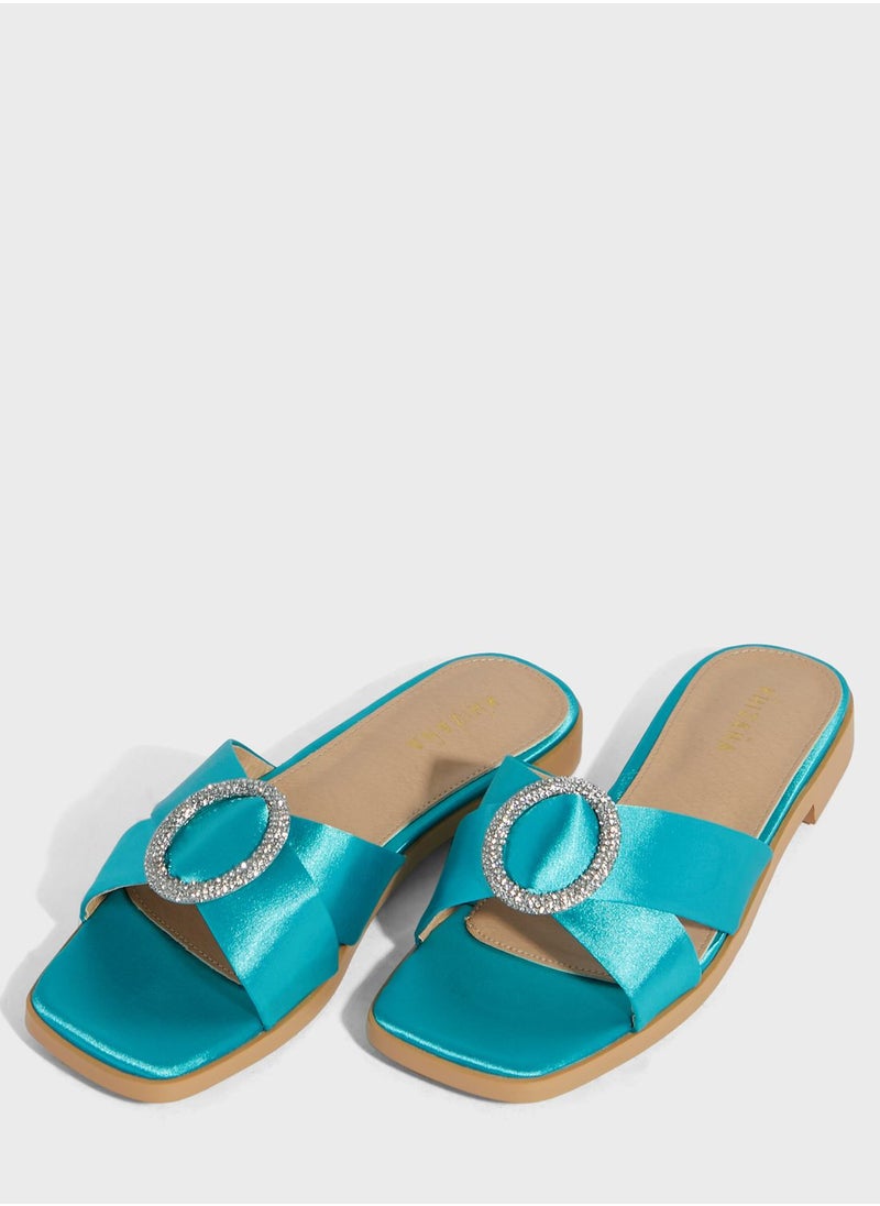 Khizana - Encrusted Buckle Satin Flat Sandal - Image 1