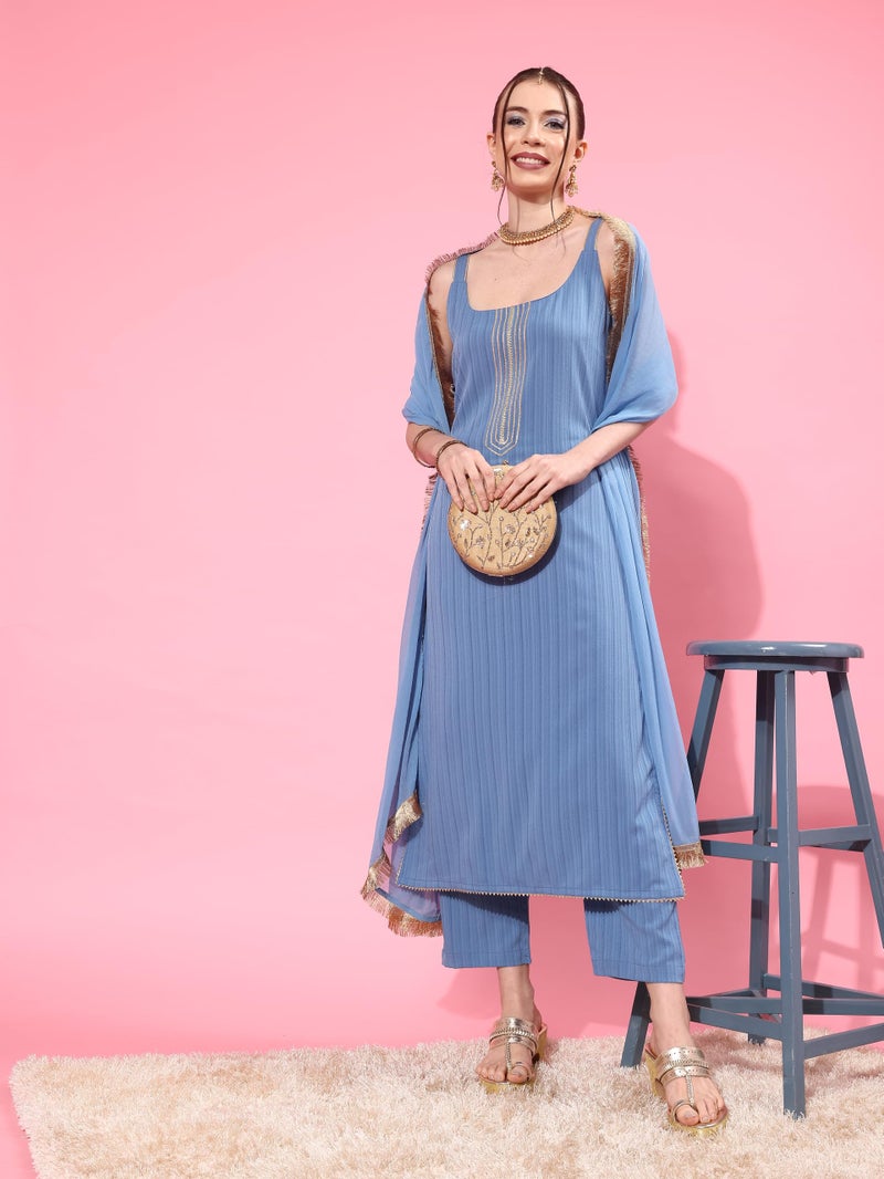Varanga Women Blue Spaghetti Strap Straight Kurta with Tonal Bottom & Dupatta – Lace & Gotta Detailing on Yoke for a Stylish and Comfortable Look. - Image 5
