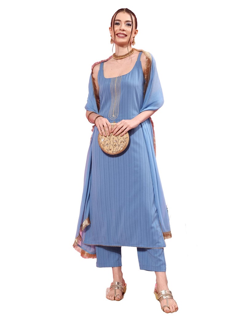 Varanga Women Blue Spaghetti Strap Straight Kurta with Tonal Bottom & Dupatta – Lace & Gotta Detailing on Yoke for a Stylish and Comfortable Look. - Image 1