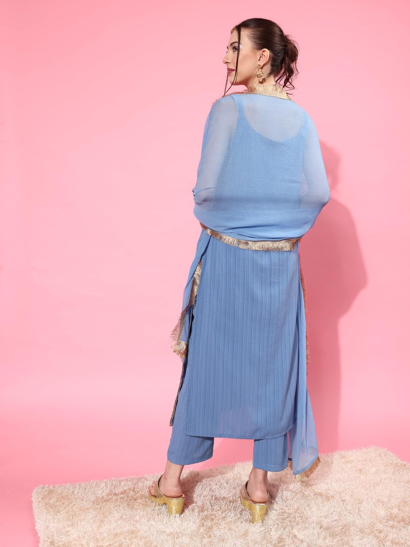 Varanga Women Blue Spaghetti Strap Straight Kurta with Tonal Bottom & Dupatta – Lace & Gotta Detailing on Yoke for a Stylish and Comfortable Look. - Image 4