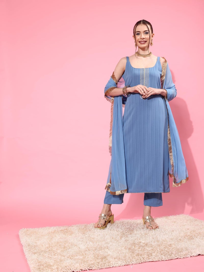 Varanga Women Blue Spaghetti Strap Straight Kurta with Tonal Bottom & Dupatta – Lace & Gotta Detailing on Yoke for a Stylish and Comfortable Look. - Image 2