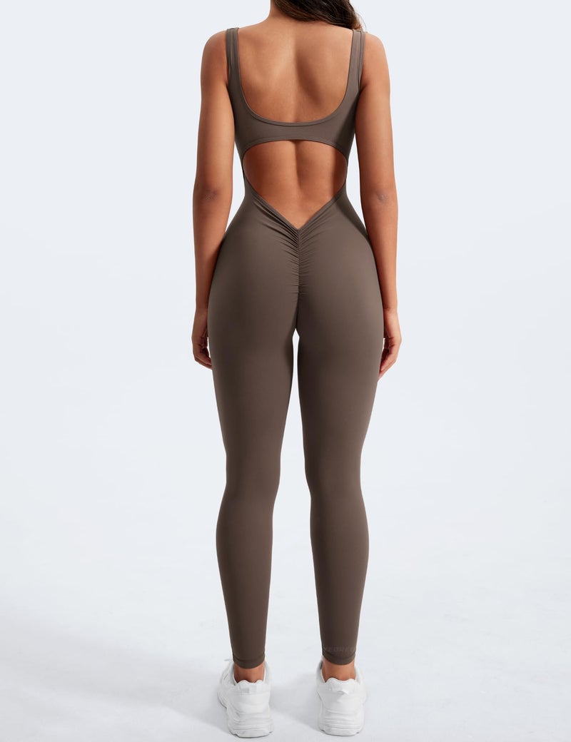YEOREO Sleeveless Jumpsuits for Women Sexy Backless Gym Bodycon Lizvette V Back Scrunch Butt Rompers Coffee S - Image 2