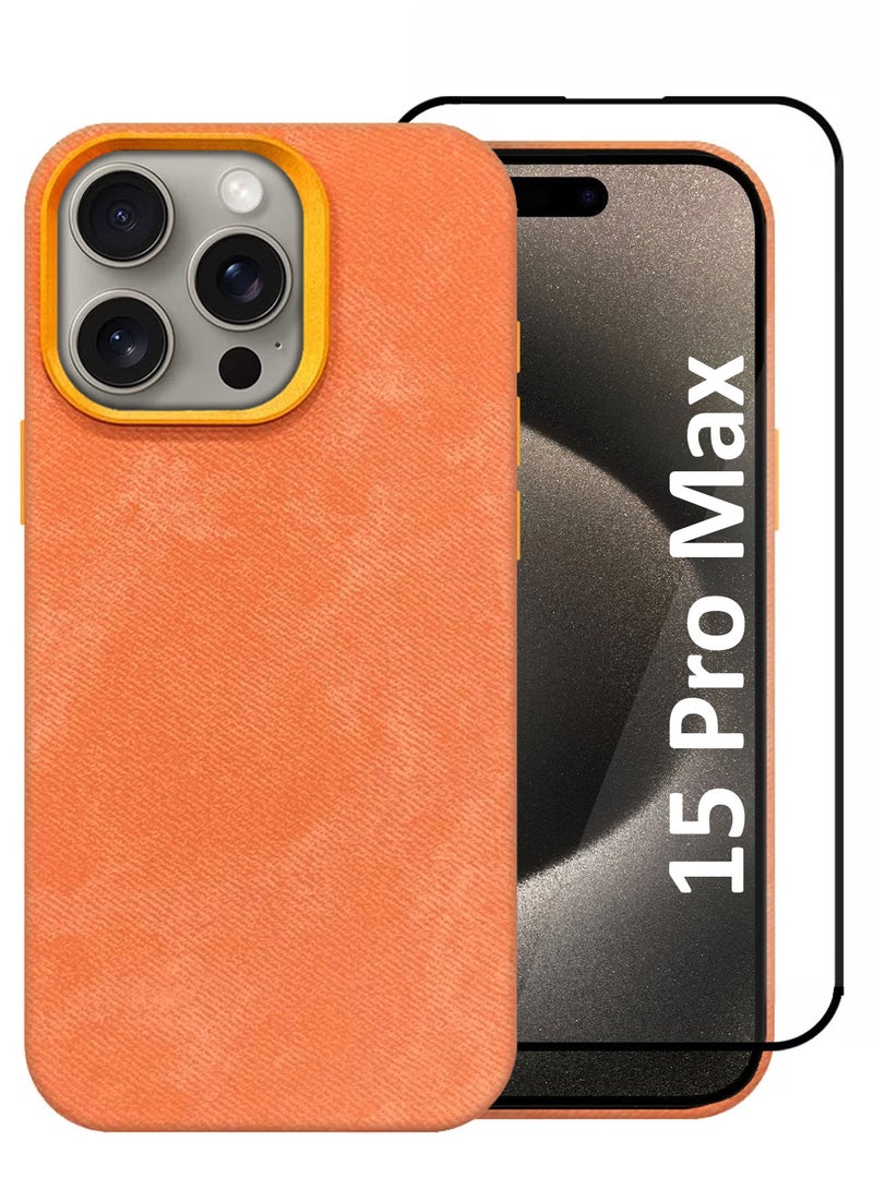 CATANES 2Packs iPhone 15 Pro Max Alcantara Case Cover Premium Quality Luxurious Soft Touch Protection with Metal Camera Frame with a 3D Screen Protector - Orange  - Image 1
