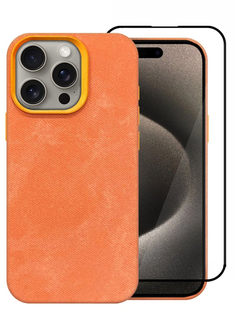 CATANES 2Packs iPhone 15 Pro Max Alcantara Case Cover Premium Quality Luxurious Soft Touch Protection with Metal Camera Frame with a 3D Screen Protector - Orange  - Image 2