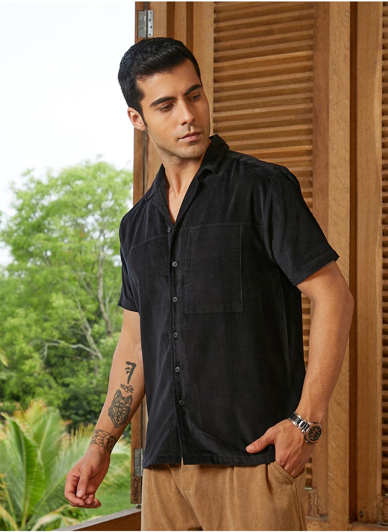 Campus Sutra Campus Sutra Men's Onyx Black Cuban Panelled Shirt For Casual Wear | Cuban Collar | Short Regular Sleeves | Button Closure | Shirt Crafted With Comfort Fit For Everyday Wear  - Image 3