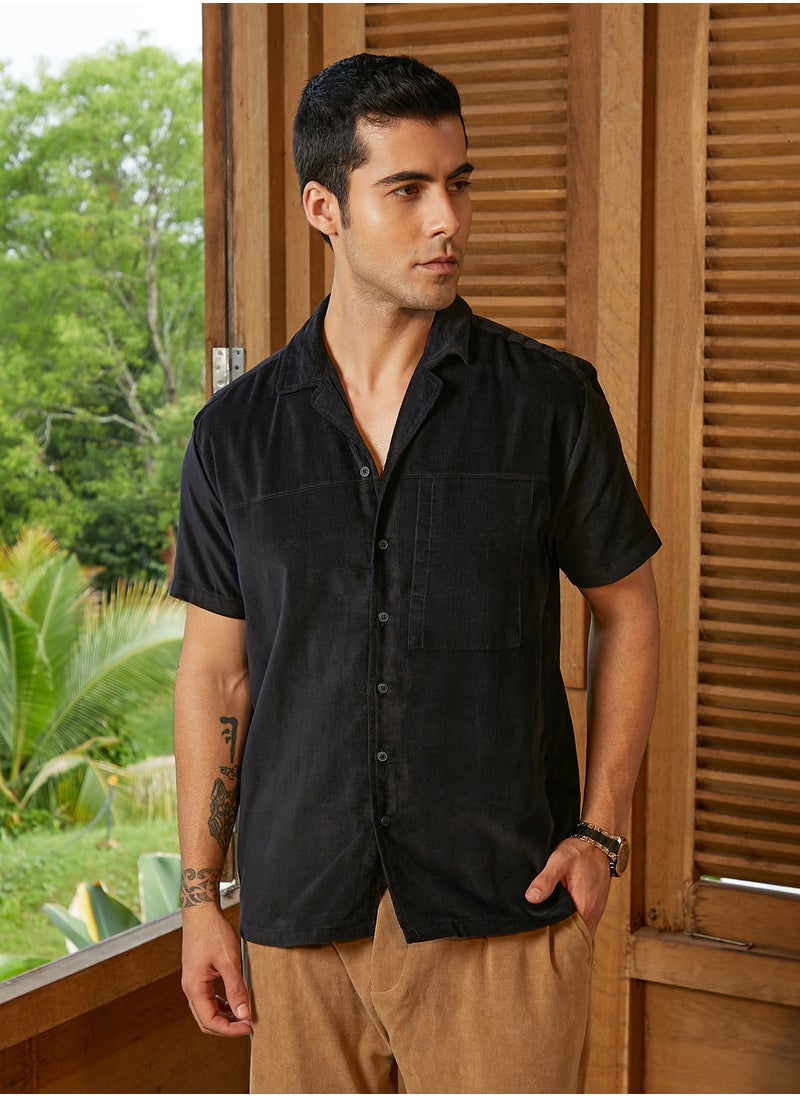 Campus Sutra Campus Sutra Men's Onyx Black Cuban Panelled Shirt For Casual Wear | Cuban Collar | Short Regular Sleeves | Button Closure | Shirt Crafted With Comfort Fit For Everyday Wear  - Image 2