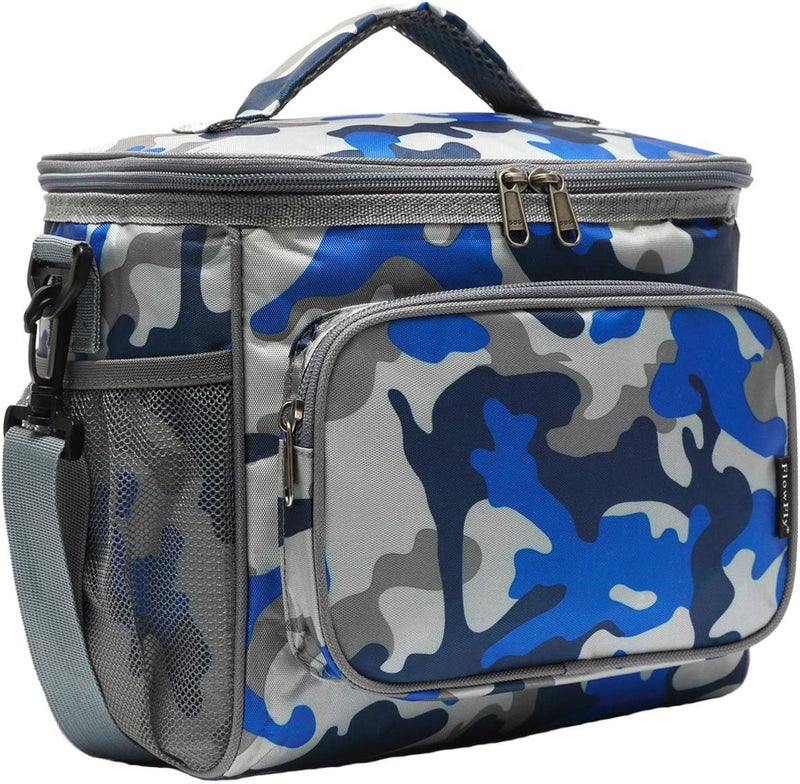 FlowFly Insulated Reusable Lunch Bag Adult Large Lunch Box for Women and Men with Adjustable Shoulder Strap,Front Zipper Pocket and Dual Large Mesh Side Pockets,BlueCamo - Image 1