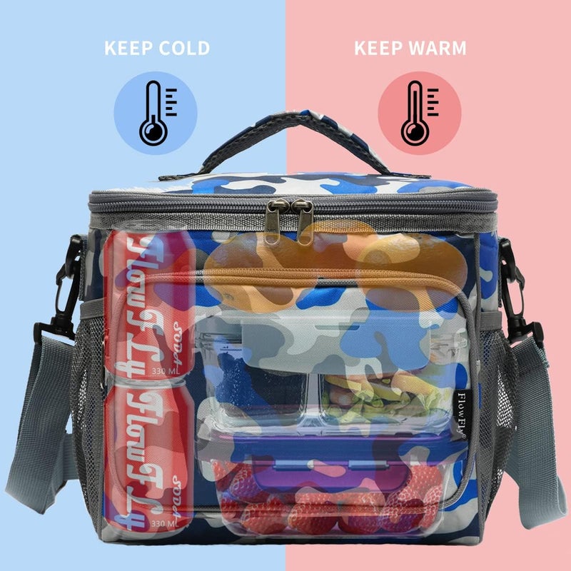 FlowFly Insulated Reusable Lunch Bag Adult Large Lunch Box for Women and Men with Adjustable Shoulder Strap,Front Zipper Pocket and Dual Large Mesh Side Pockets,BlueCamo - Image 2