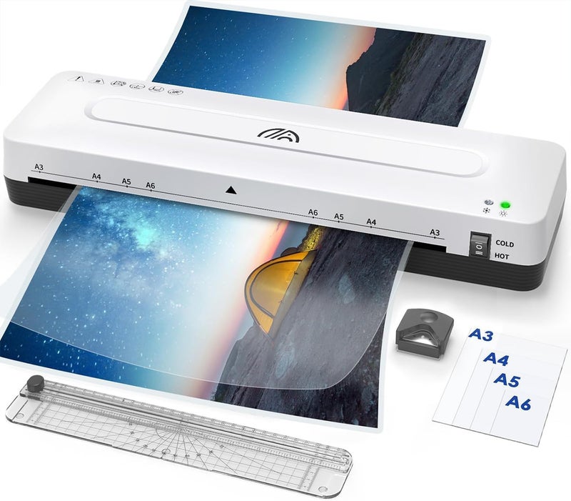4 In 1 Laminator Machine, A4, 40 Laminating Sheets, Hot Cold, Paper Trimmer, Corner Rounder, 23cm Width, 340mm/min Speed, White, BADMS0005 - Image 1