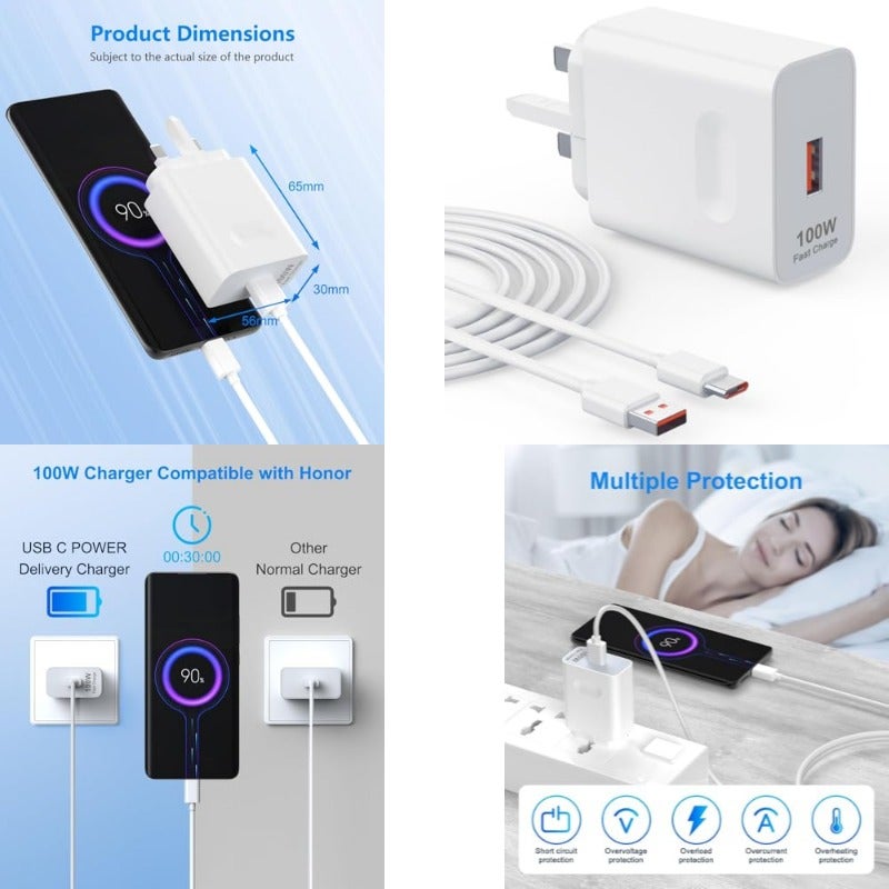 شاحن سريع 100 واط USB سوبر تشارج متوافق مع شاحن Honor السريع - رمز توصيل بمنفذ USB-A إلى Type-C - كابل شحن 6A بطول 1 متر - Image 1