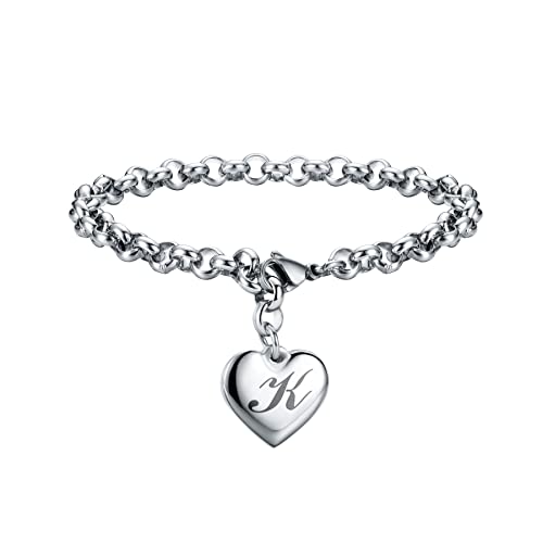 SANNYRA Charms Bracelets for Women, Heart Charm Initial Bracelet Trendy, K Letters Stainless Steel Bracelet Jewelry Confirmation Gifts for Christmas Birthday - Image 1