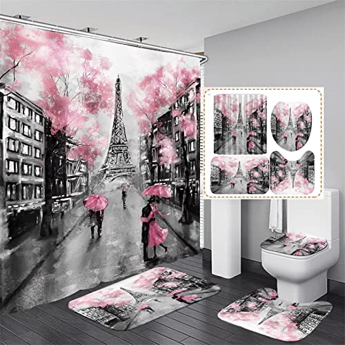 Chrainy 4Pcs Paris Eiffel Tower Pink Shower Curtain Sets Bathroom Set Decor with Non-Slip Rugs Bath U-Shaped Mat Toilet Lid Cover Waterproof Valentine Bathroom Curtains Shower Set with 12 Hooks - Image 1