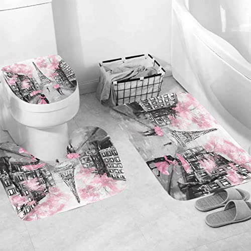 Chrainy 4Pcs Paris Eiffel Tower Pink Shower Curtain Sets Bathroom Set Decor with Non-Slip Rugs Bath U-Shaped Mat Toilet Lid Cover Waterproof Valentine Bathroom Curtains Shower Set with 12 Hooks - Image 4