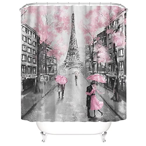 Chrainy 4Pcs Paris Eiffel Tower Pink Shower Curtain Sets Bathroom Set Decor with Non-Slip Rugs Bath U-Shaped Mat Toilet Lid Cover Waterproof Valentine Bathroom Curtains Shower Set with 12 Hooks - Image 3