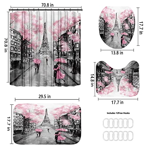 Chrainy 4Pcs Paris Eiffel Tower Pink Shower Curtain Sets Bathroom Set Decor with Non-Slip Rugs Bath U-Shaped Mat Toilet Lid Cover Waterproof Valentine Bathroom Curtains Shower Set with 12 Hooks - Image 5