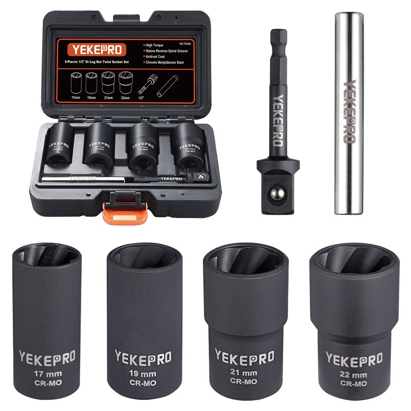 YEKEPRO 6 PCS Lug Nut Removal Tool 12inch Drive Impact Twist Socket Set Bolt Extractor Set 17192122MM Wheel Lock Removal Kit for Removing Damaged Frozen Rusted Nuts Screws CrMo Steel