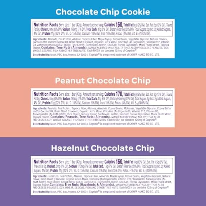 MOSH عبوة متنوعة من بار البروتين النباتي MOSH، نباتي، كيتو، خالي من الغلوتين، وجبة خفيفة صحية للدماغ مع كوجنيزين، أشواغاندا ومانة الأسد، 6 قطع - Image 2