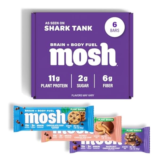 MOSH عبوة متنوعة من بار البروتين النباتي MOSH، نباتي، كيتو، خالي من الغلوتين، وجبة خفيفة صحية للدماغ مع كوجنيزين، أشواغاندا ومانة الأسد، 6 قطع - Image 1
