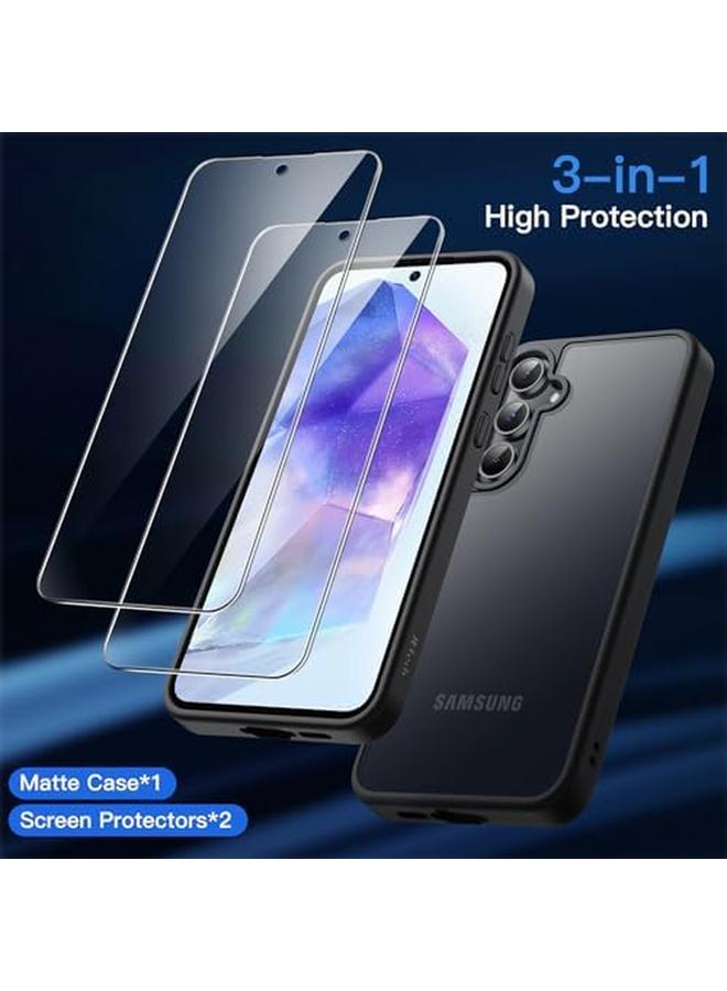 جي تيك جراب غير لامع 3 في 1 لهاتف Samsung Galaxy A55 5G مع قطعتين من واقي الشاشة الزجاجي المقوى الشفاف المقاوم للصدمات مع حماية الكاميرا باللون الأسود - Image 2
