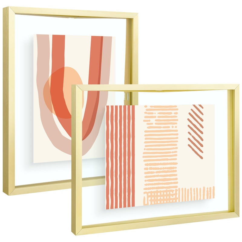 Frametory 8x10 Floating Picture Frame  Metal Photo Frame  Real Glass  for Wall Mount or Tabletop Displays Gold 2 Pack
